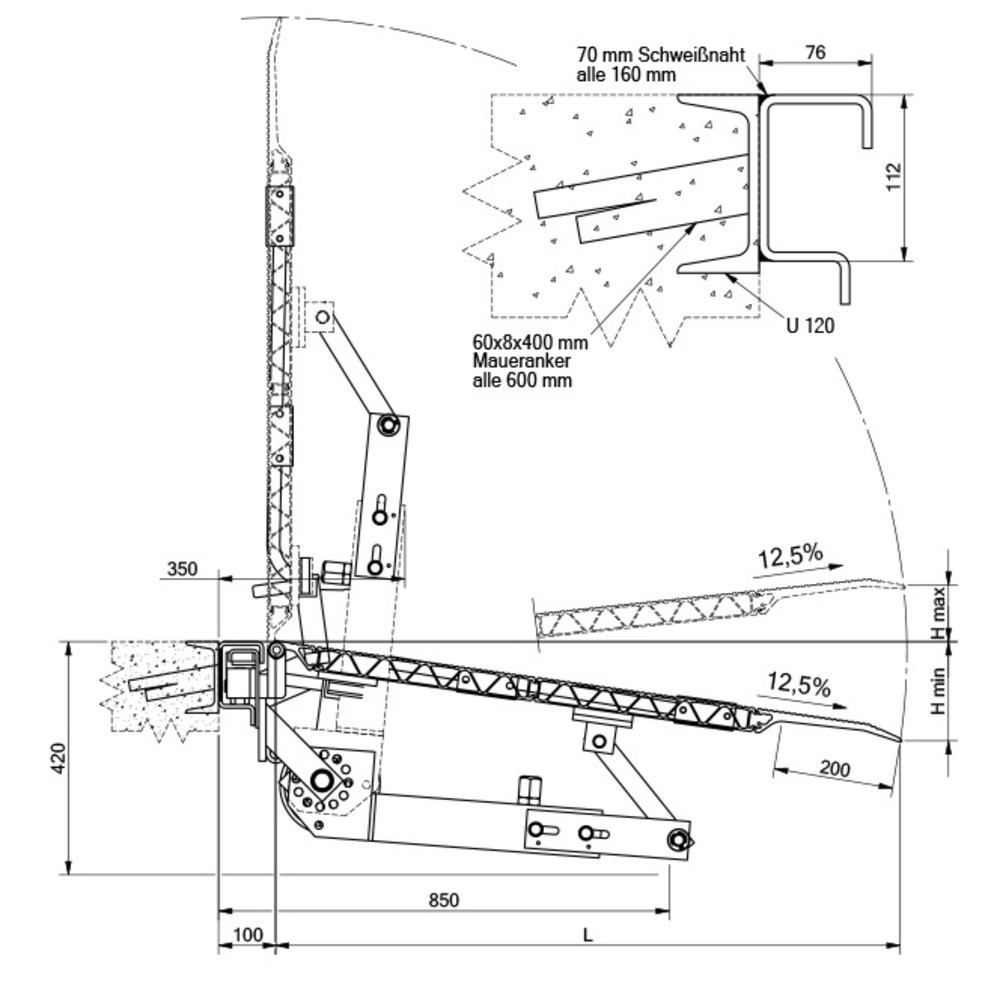 Zdjęcie produktu nr 3: Pomost składany, sprężynowy z zabezpieczeniem przed upadkiem, nośność 1 750 kg, szer. x dł. 1 250 x 1 565 mm