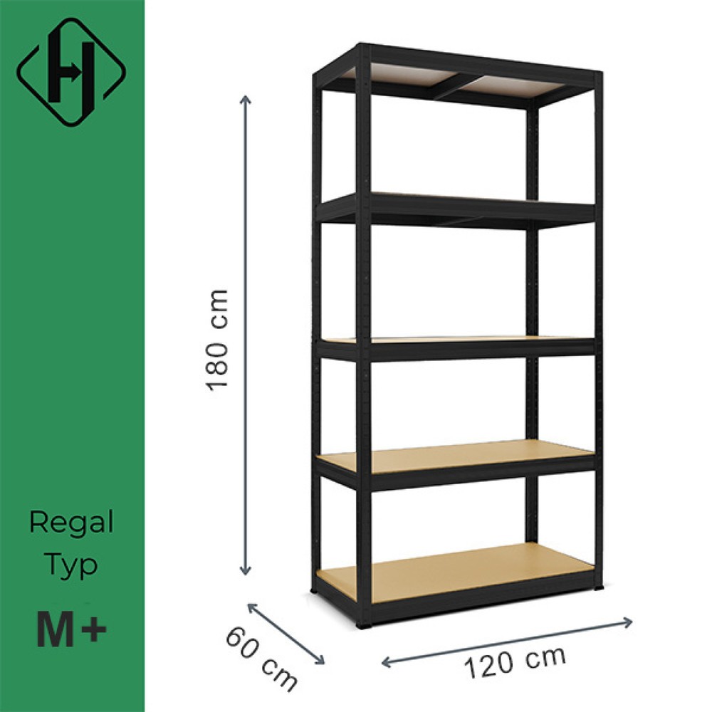 Zdjęcie produktu nr 2: Regał do ciężkich ładunków HEMMDAL typ M+, kolor czarny – 180 x 120 x 60 cm – do 750 kg